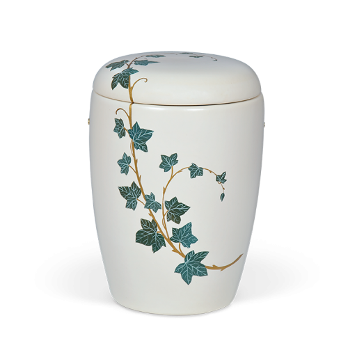 Urna cerâmica com folhas verdes